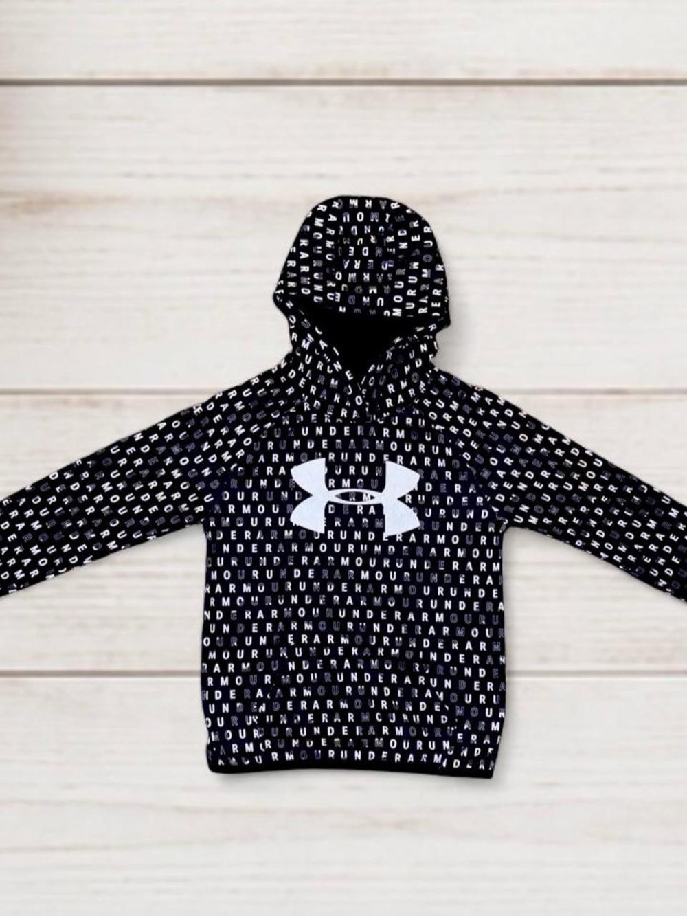Under Armour Girls Armour Fleece All Over Print Logo Hoodie Black White Pullover